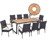 Tangkula 9 Pieces Patio Rattan Dining Set with Acacia Wood Table, Outdoor Table and Chairs Set with Cushions