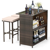 Tangkula 3 Pcs Patio Bar Set, Outdoor Rattan Bar Table and 2 Stools with Tempered Glass Tabletop, 2-Tier Storage