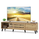 Mid Century Modern TV Stand for 80 Inch TVs with Sliding Door Cabinets and Storage Shelves