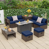 Tangkula 9 Pieces Patio 42” Propane Fire Pit Table Set, PE Wicker Space-Saving Set with Storage Box and Cushions, 60,000 BTU Fire Pit Table