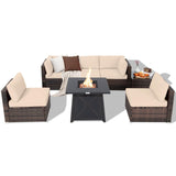 Tangkula 7 Piece Patio Furniture Set w/Fire Pit Table, Patiojoy Outdoor Rattan Conversation Sofa Set