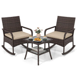 Tangkula 3-Piece Outdoor Wicker Rocking Bistro Set w/ 2-Tier Coffee Table