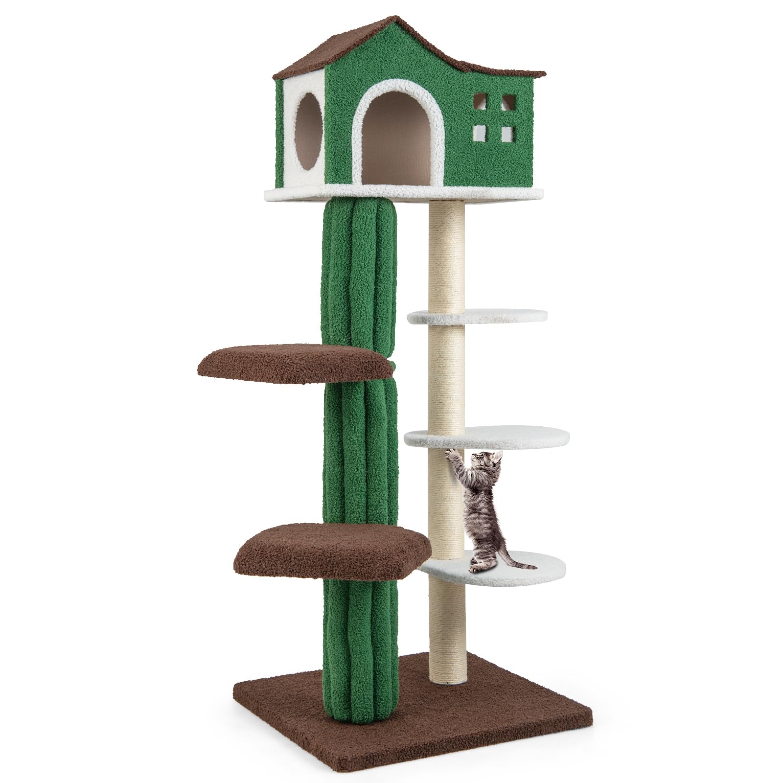 Tangkula Cactus Cat Tree for Indoor Cat, 7-Tier 61” Modern Cat Tree Tower with Sisal Scratching Posts