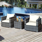 3 Pieces Patio Furniture Set, PE Rattan Wicker Sofa Set w/Washable Cushion and Tempered Glass Tabletop