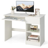 Tangkula White Desk with Drawer, Wooden Computer Desk with Pull-Out Keyboard Tray & Adjustable Storage Shelves