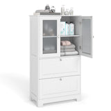 Tangkula Bathroom Floor Storage Cabinet with 2 Drawers and 2 Frosted Glass Doors