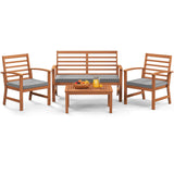 Tangkula 4 Pieces Outdoor Furniture Set, Acacia Wood Conversation Set w/Soft Seat Cushions