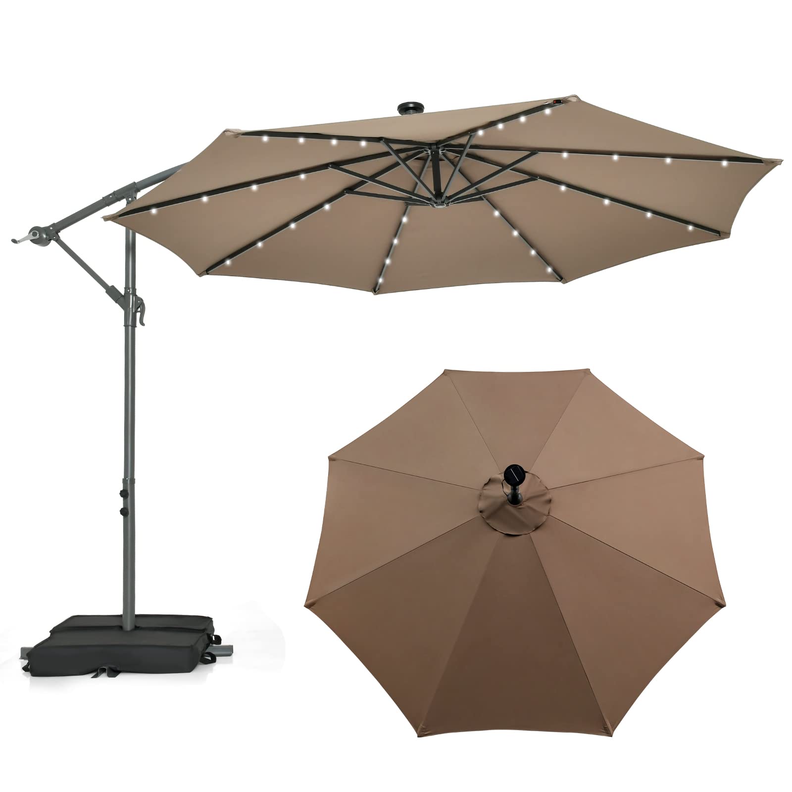 TANGKULA 10FT Hanging Offset Umbrella, Cantilever Umbrella with 32 LED Lights, Tan TANGKULA 10FT Hanging Offset Umbrella, Cantilever Umbrella with 32 LED Lights, Tan