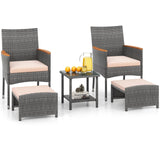 Tangkula 5 Pieces Patio Conversation Set, Outdoor PE Rattan Chairs with Soft Cushions, Ottomans & Tempered Glass Top Table