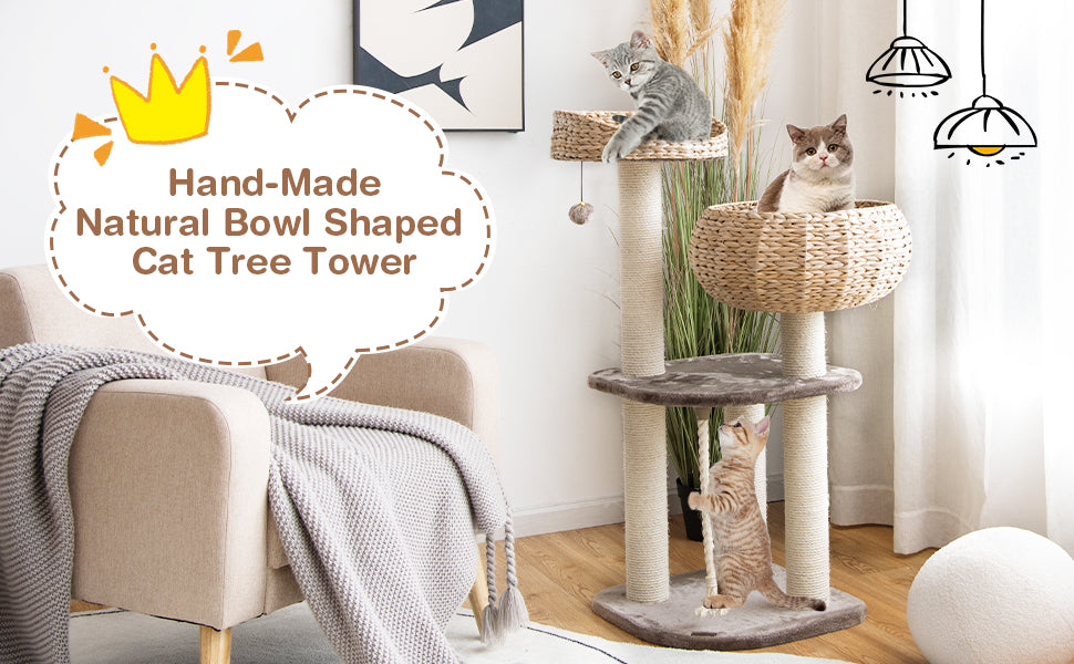 Tangkula Modern Cat Tree for Indoor Cats, 41 Inch Tall Cat Tree with Hand-Made Wicker Cat Condo & Top Perch for Large Cats