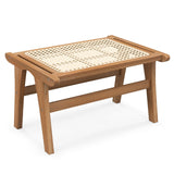 Tangkula Ottoman Footstool, Natural Teak Wooden Foot Rest with Handwoven Rattan