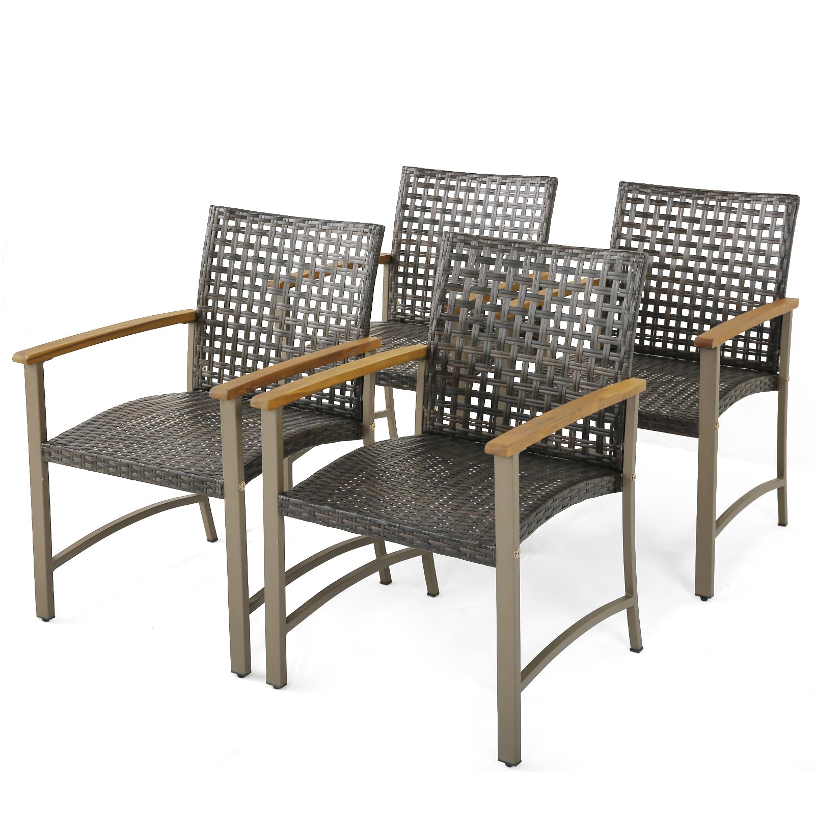 Outdoor PE Wicker & Heavy-Duty Metal Chairs with Acacia Wood Armrests - Tangkula