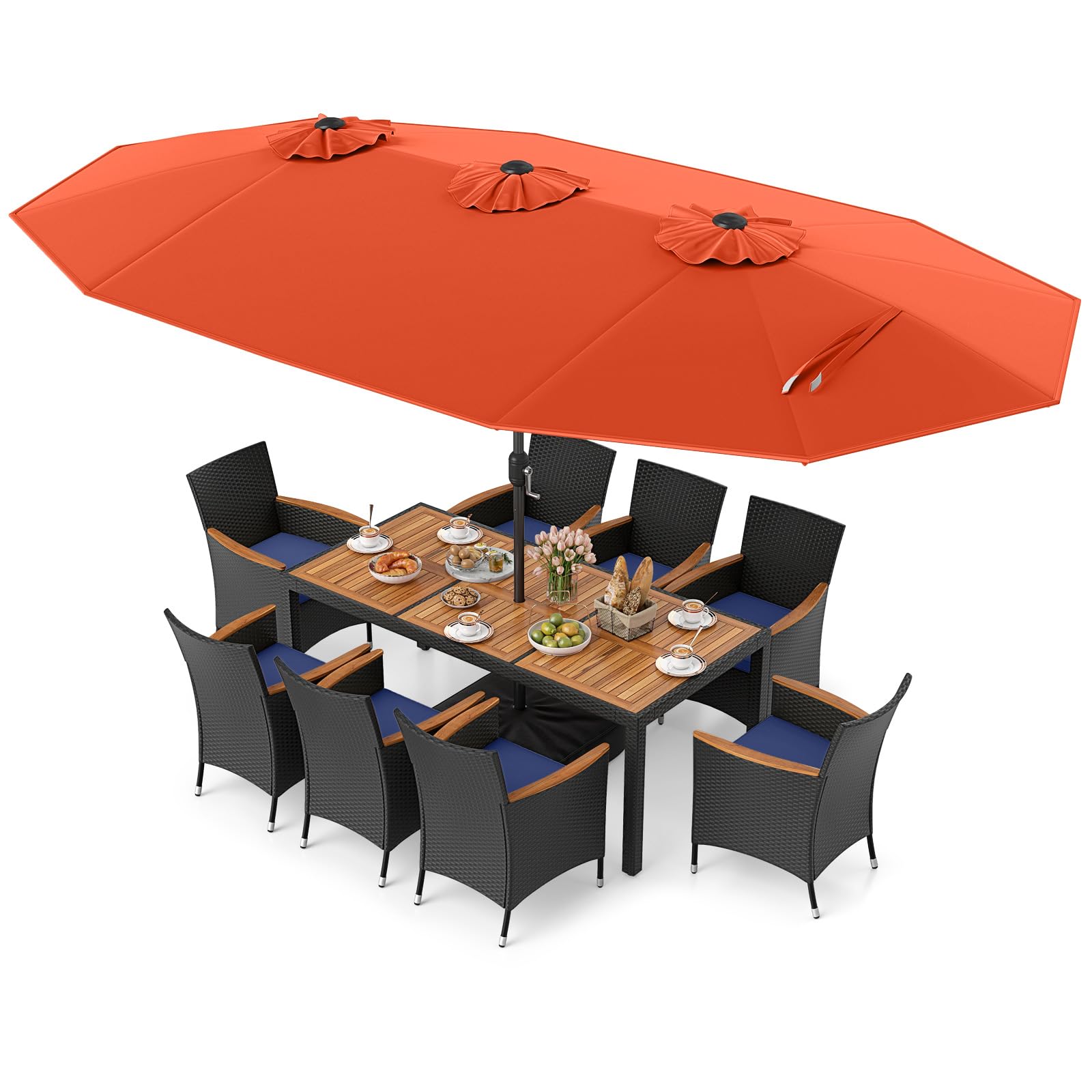 11 double layer patio umbrella Tangkula 11 Piece Patio Wicker Dining Set w/Double-Sided Patio Umbrella, Orange + Off White