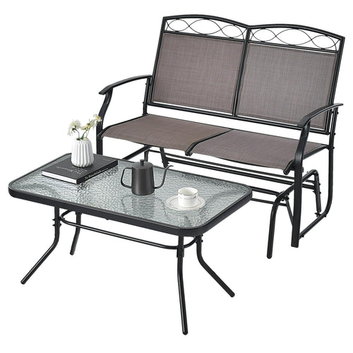 Tangkula Patio Glider Conversation Set, Outdoor Gliding Loveseat w/Tempered Glass Coffee Table