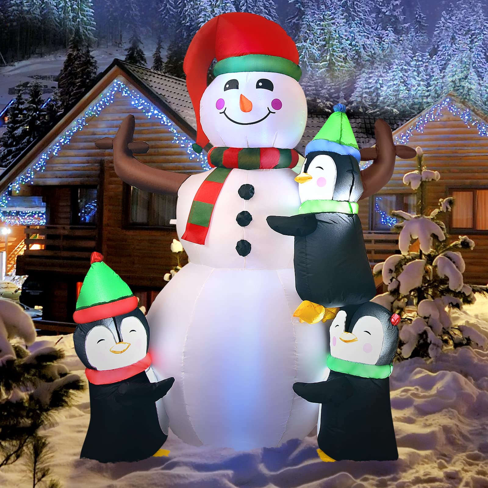 6ft Christmas Inflatable Snowman with Penguins, Quick Blow up Snowman w/ Bright Lights