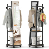 Tangkula Full Length Mirror with Coat Rack Swivel 55" Standing Floor Mirror on Wheels with Shelves