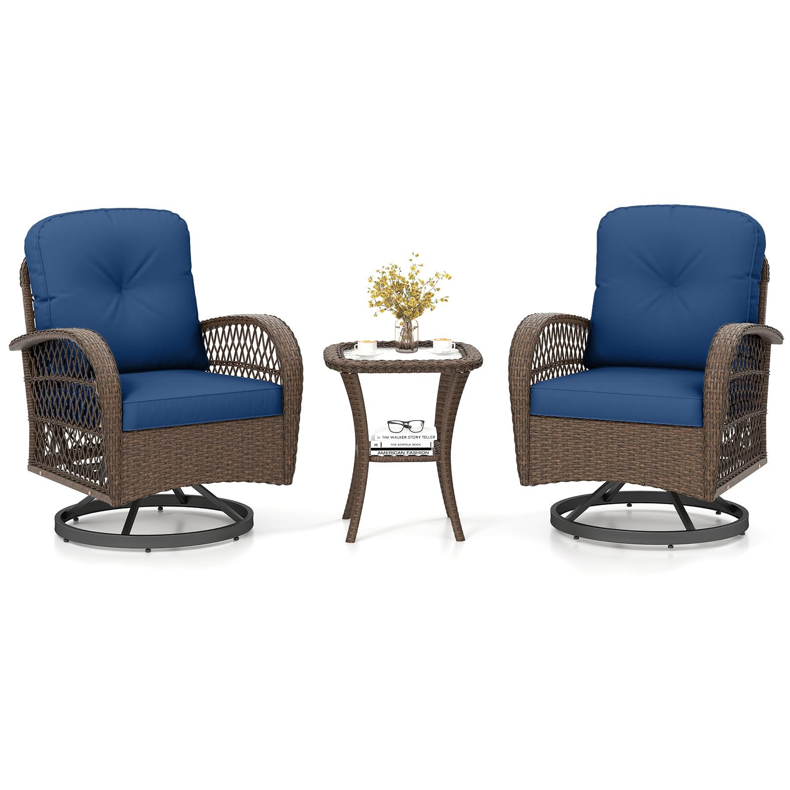 Tangkula 3 Piece Patio Swivel Rocker Set with Tempered Glass Side Table