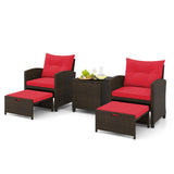 Tangkula 5 Piece Patio Rattan Furniture, Wicker Cushioned Chairs Set w/ 2 Ottomans & Tempered Glass Coffee Table