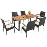 Outdoor Wicker Chair & Dining Table Set, Acacia Wood Tabletop & Armrests, 2” Umbrella Hole