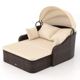 Tangkula Patio PE Rattan Daybed with Retractable Canopy, Double Lounge Bed with Soft Cushions and Extra Pillows