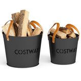 Tangkula Firewood Bucket Set of 2 with Reinforced Genuine Leather Handles