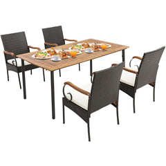 Tangkula 5-Piece Outdoor Dining Set with Acacia Wood Table & 4 Wicker Rattan Armrest Chairs