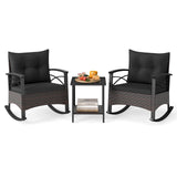 Tangkula 3 Piece Rocking Bistro Set PE Rattan Rocker Chairs with Acacia Wood Top Table