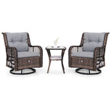Tangkula 3 Pieces Outdoor Swivel Rocker Set, Rattan Wicker Patio Rocking Cushioned Chairs Set of 2 with Small Side Table
