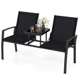 Tangkula Patio Loveseat with Built-in Table with Breathable Fabric Back