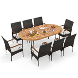 Tangkula 9 Pieces Patio Rattan Dining Set, Outdoor Oval Acacia Wood Dining Table and Wicker Armchairs Set with Umbrella Hole
