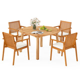 Tangkula 5 Pieces Outdoor Acacia Table and Chairs with Umbrella Hole and Soft Cushions