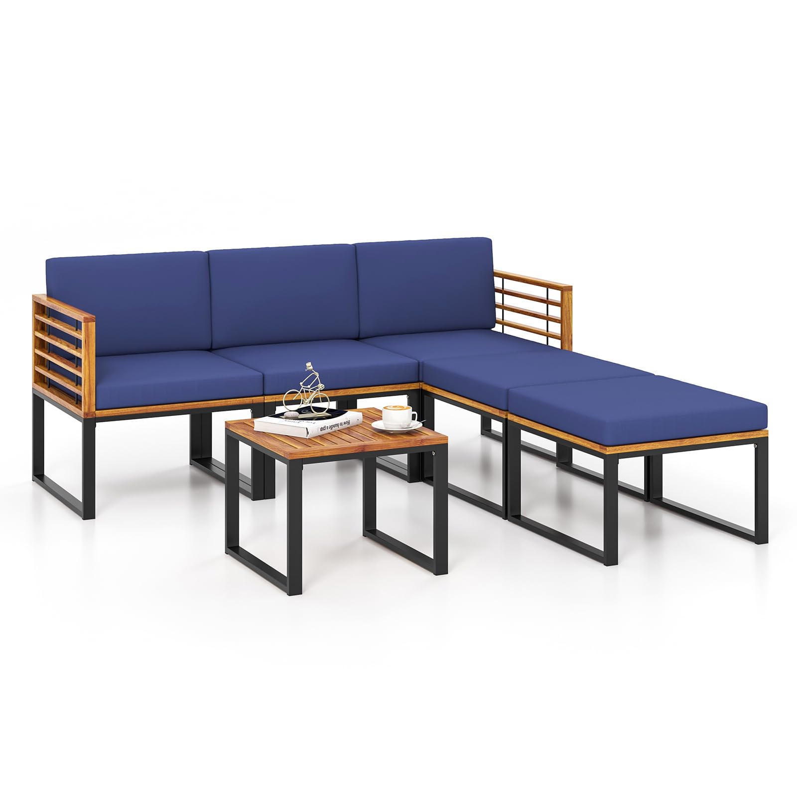 Tangkula 6 Piece Patio Conversation Sofa Set, Acacia Wood Chair Set with Ottomans & Coffee Table