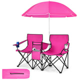 Tangkula Double Camping Chairs with Umbrella, Portable 2 Seat Folding Camp Chair with Cooler Bag