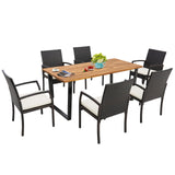 Tangkula Patio Rattan Dining Set, Acacia Wood Tabletop w/Umbrella Hole