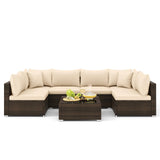 Tangkula 7 Pieces Patio Rattan Furniture Set, Patiojoy Outdoor Conversation Set with Cushions and Tempered Glass Coffee Table
