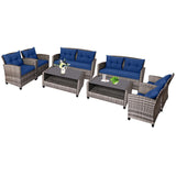 Tangkula 4 PCS Patio Wicker Conversation Furniture Set, Outdoor Rattan Sofa Set with Padded Cushion & Tempered Glass Coffee Table