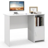Tangkula White Desk with Cabinet & Open Shelf, Small Writing Study Desk with Cable Hole