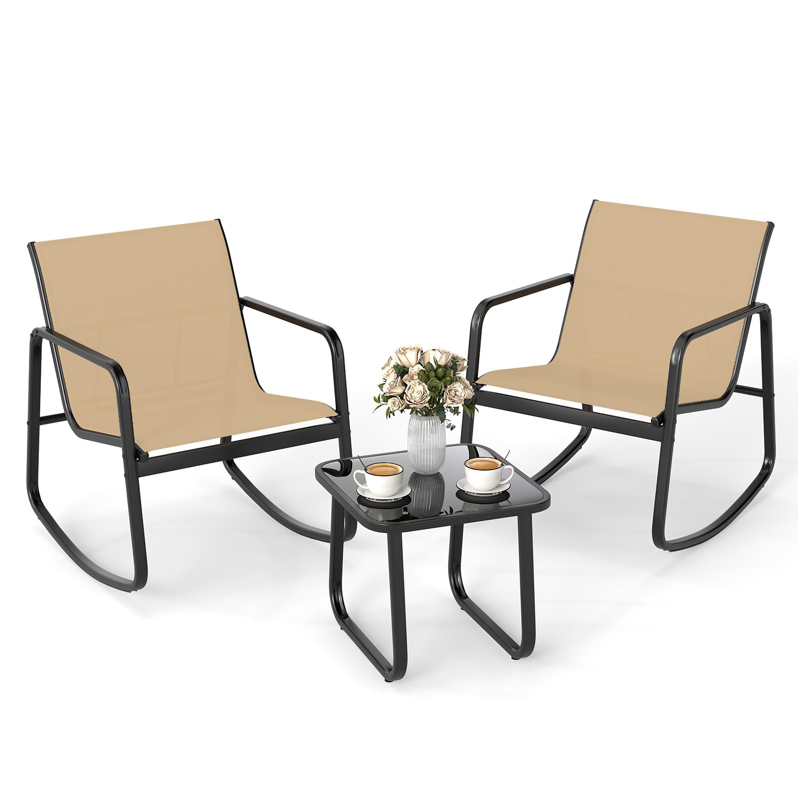Tangkula 3 Pieces Patio Conversation Set, Outdoor Metal Chair & Table Set, Breathable Fabric & Tempered Glass Tabletop