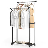 Tangkula Double Rods Clothes Rack with Adjustable Height and Lockable Wheels