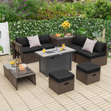 Tangkula 9 Pieces Patio 42” Propane Fire Pit Table Set, PE Wicker Space-Saving Set with Storage Box and Cushions, 60,000 BTU Fire Pit Table
