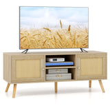Tangkula Boho TV Stand for TVs up to 55”, PE Rattan Media Console Table with 2 Cabinets & Open Shelves