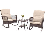 Tangkula 3 Piece Patio Rocker Set, Patiojoy Outdoor Wicker Rocking Chairs w/Double-Layer Coffee Table