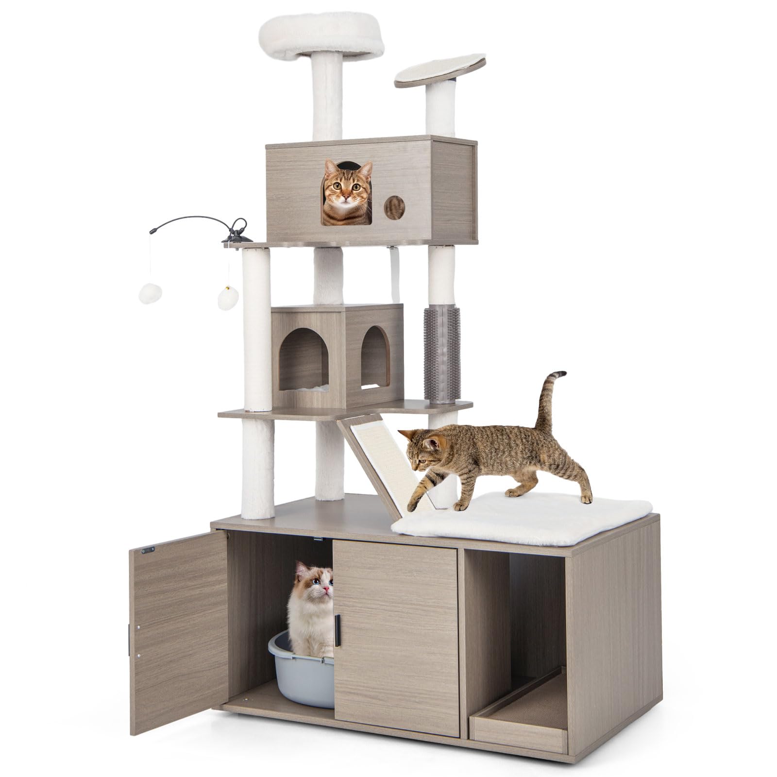 Tangkula Cat Tree with Litter Box Enclosure, Cat Tower with Litter Box, 2 Condos, Scratching Posts