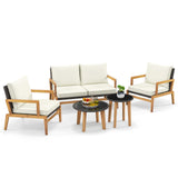 Tangkula 5 Piece Rattan Furniture Set, Patiojoy Wicker Sofa Set with Solid Acacia Wood Frame & 2 Tempered Glass Coffee Tables