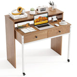Extendable Computer Desk with 2 Drawers, Small Writing Desk with Pull Out Secondary Desk