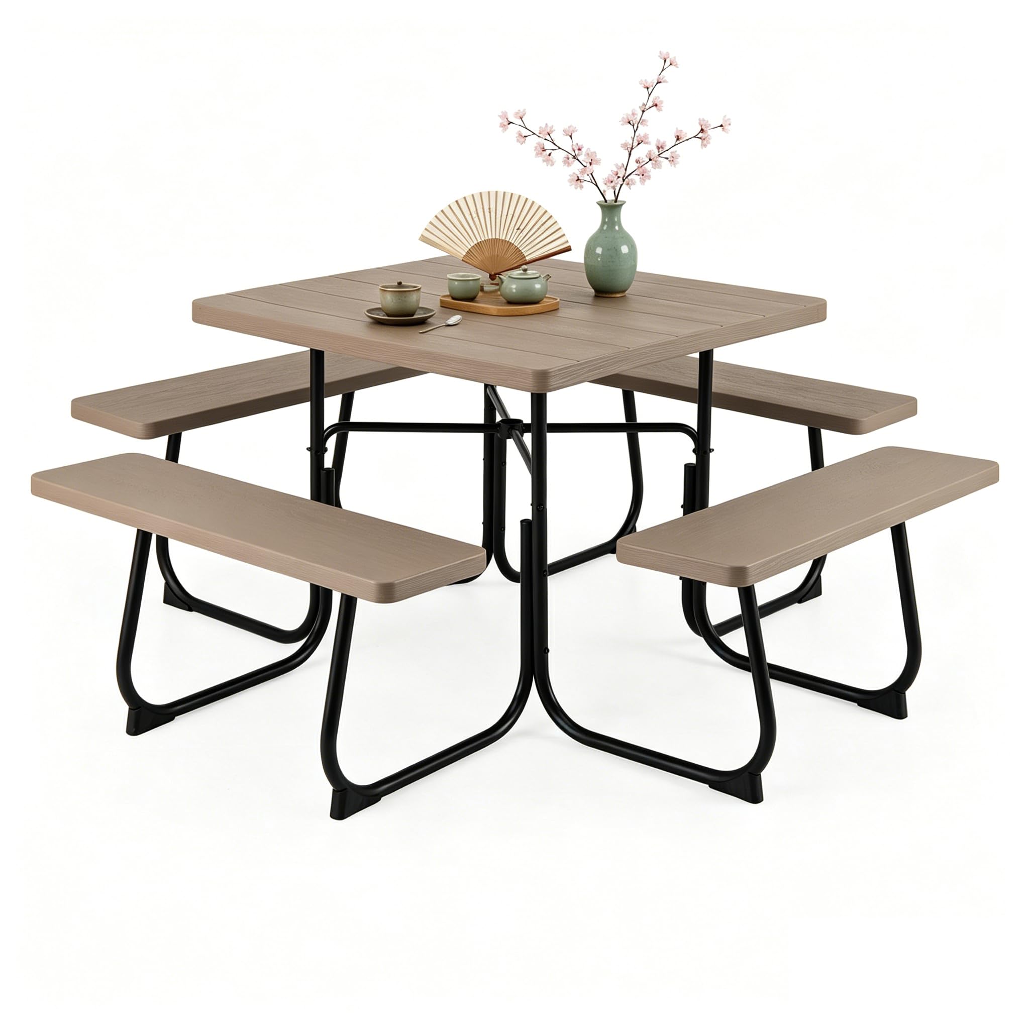 Tangkula 8 Person Picnic Table, Outdoor Square Picnic Table with 4 Built-in Benches