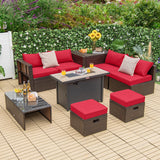 Tangkula 9 Pieces Patio 42” Propane Fire Pit Table Set, PE Wicker Space-Saving Set with Storage Box and Cushions, 60,000 BTU Fire Pit Table