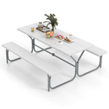 Tangkula 6 Ft Picnic Table, Outdoor Picnic Table with 2 Built-in Benches, Umbrella Hole, Metal Frame & HDPE Tabletop
