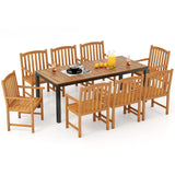 Tangkula Patio Rectangular Table with Umbrella Hole and 8 Solid Acacia Armchairs