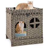 Tangkula Foldable Rattan Cat Litter Box Enclosure 2 Tier Wicker Cat Condo with Flip-Down Door & Window